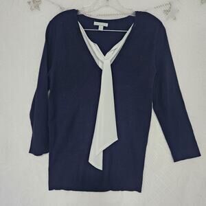 New York & Co. Small Navy Blue Sweater White Layered Tie Mix Media Preppy Career